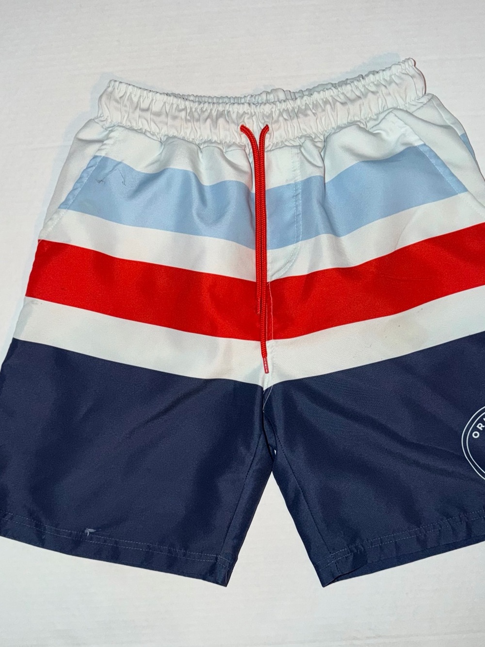 Original Penguin Red, Navy & Light Blue Striped Swim Trunks